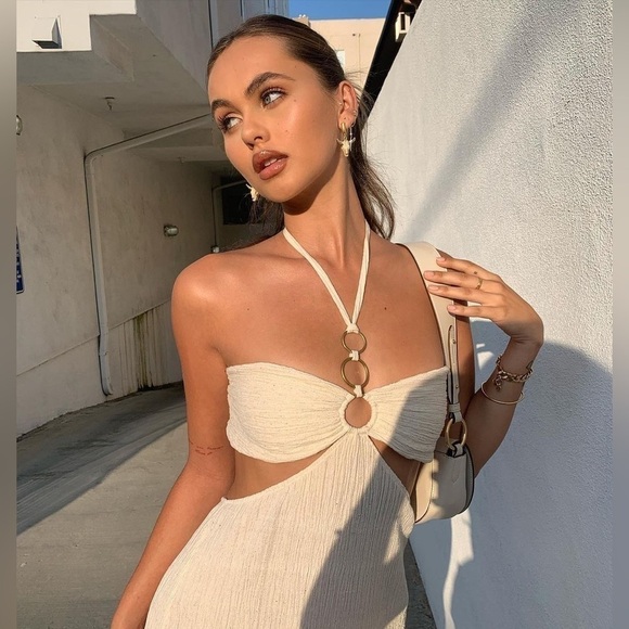 Savannah Morrow Dress Mina Open-Back Crinkled Cutout Halter Maxi Ivory L NWT - Picture 9 of 11